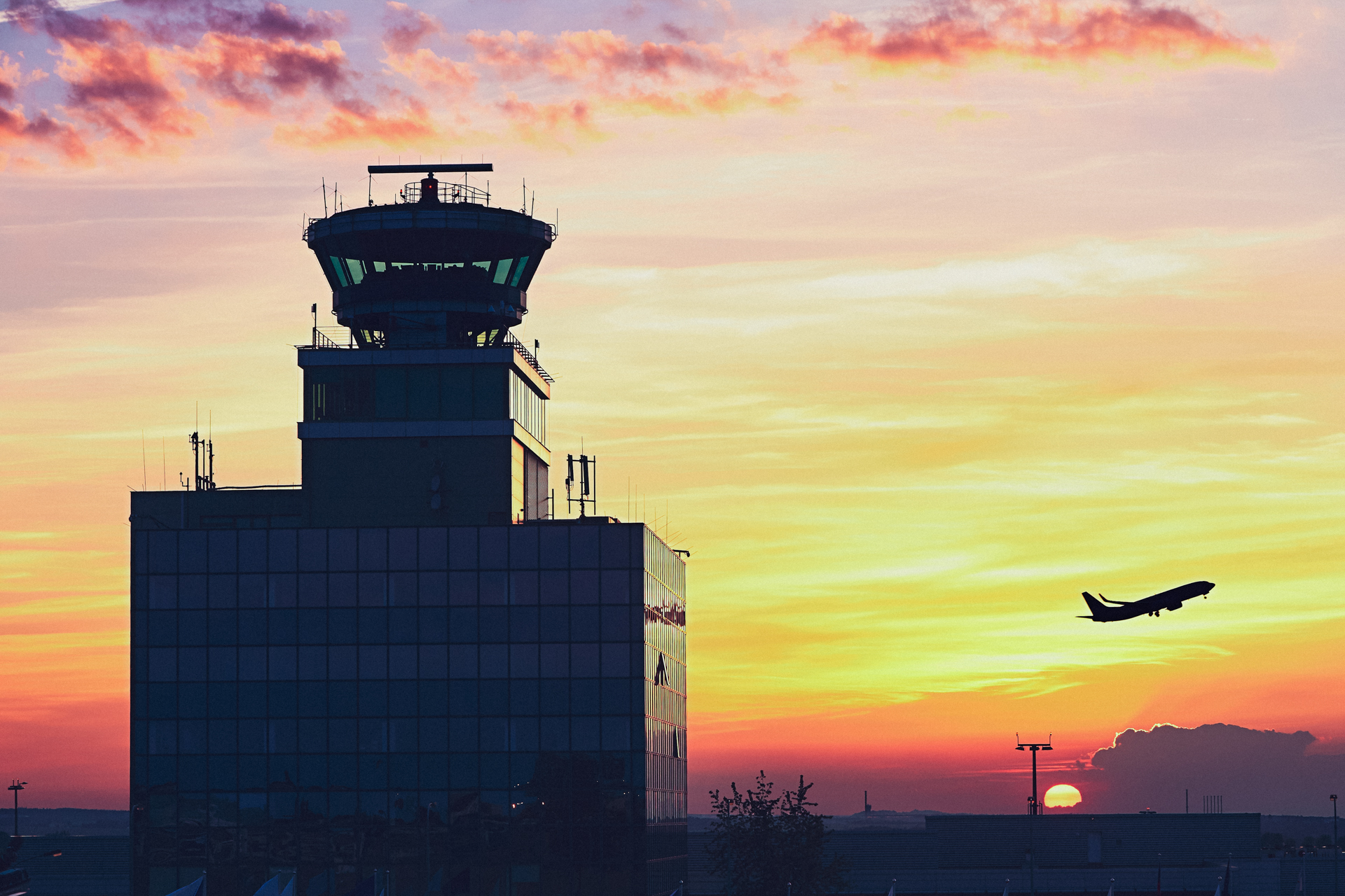 Control tower at sunset
